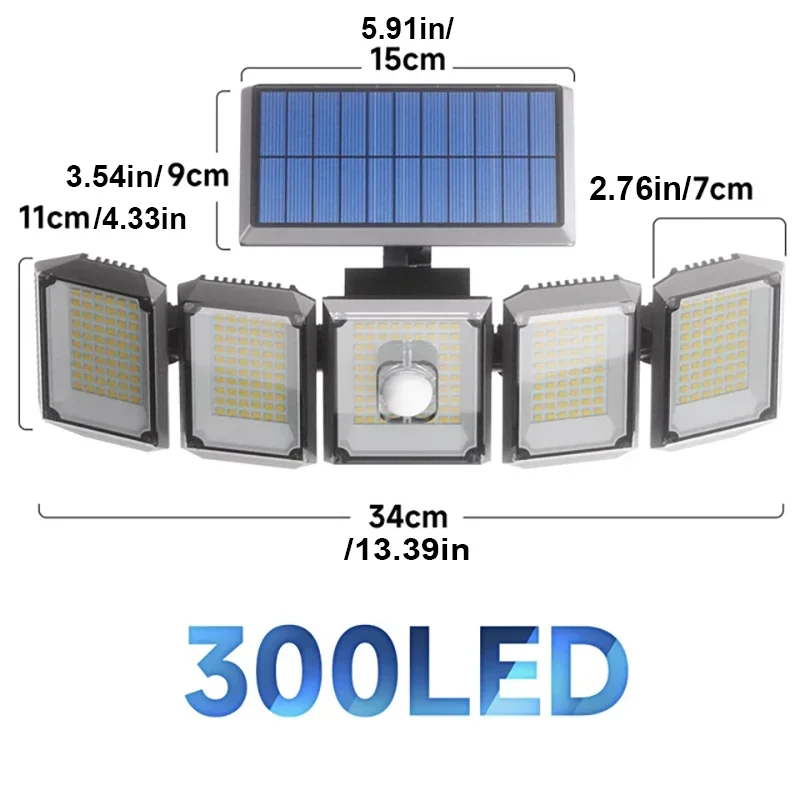 Paquete de 2 luces solares impermeables para exteriores, 300LED, 3 modos, Control remoto, reflector con Sensor de movimiento para ruas y patios