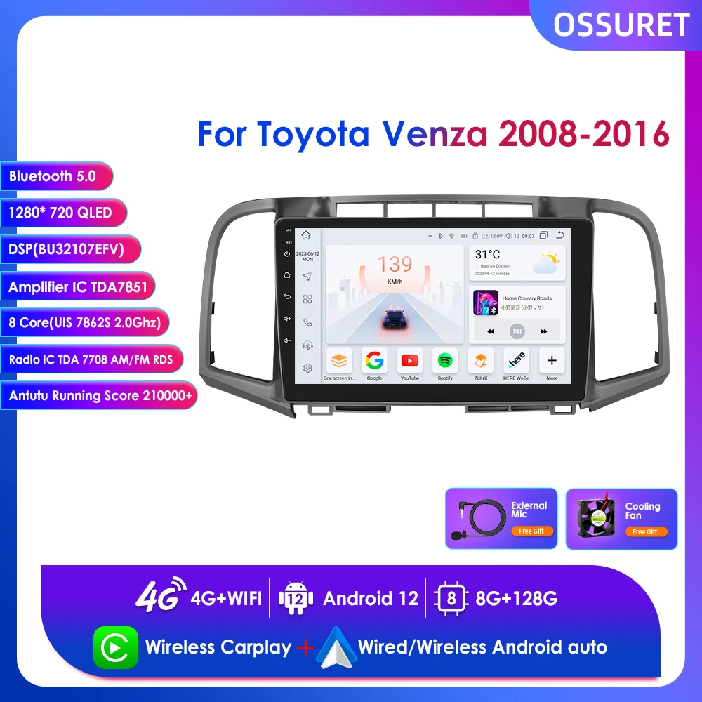 

9" 8 Core QLED Android 12 2din Car Radio for Toyota Venza 2008 - 2016 Car Intelligent Systems Stereo Navigation GPS Bluetooth 4G