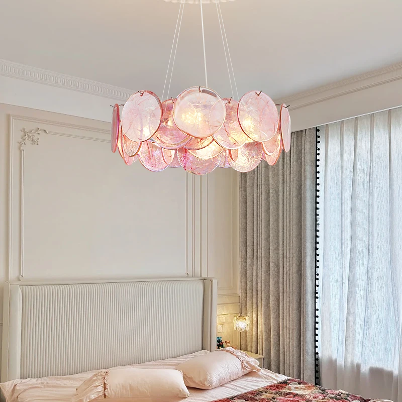 Murano roze glazen kroonluchter Franse luxe ronde decor kleurrijke kristallen hanglamp voor villa slaapkamer woonkamer hanglamp