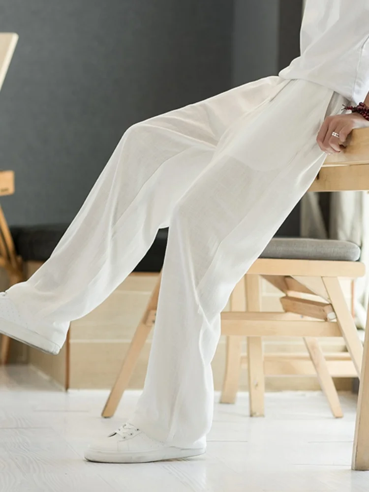

White Linen Cotton Casual Pants Men Summer Thin Loose Straight Leg Pants Faionable Loose Fit Linen Breathable Comfor...