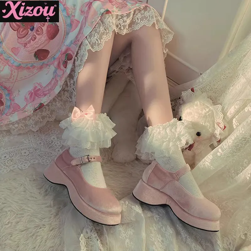 Japanese Sweet Cute Pink Lolita Lace Bow Cotton Bunching Socks Beautiful Fairy Women Girls Lace Socks for Spring and Autumn