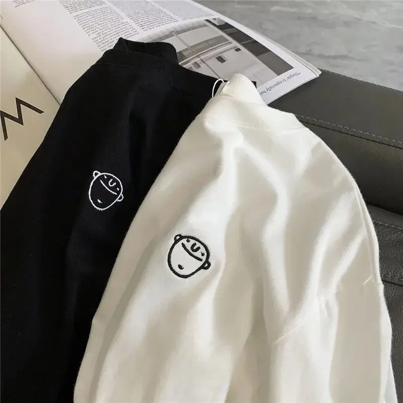 Double-Sided Fleece Long Sleeve T-Shirt Women's Embroidered round Neck Korean Style Loose Slimming Thickened Fashionable Inne...