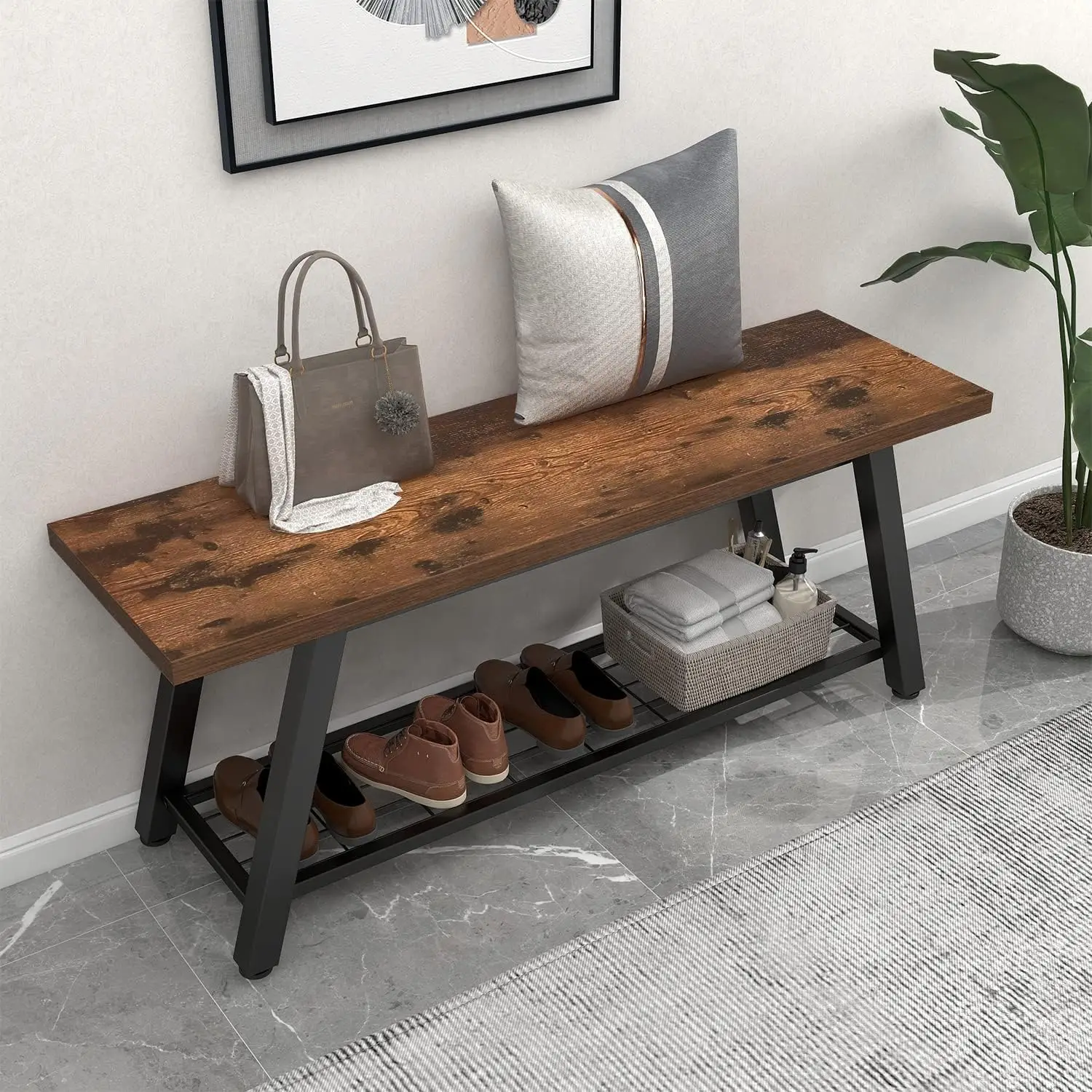

Storage Bench Industrial Rustic Wooden Metal Entryway Shoe Boots Storage Rack Long Bench Seat for Hallway Bedroom Retro Brown