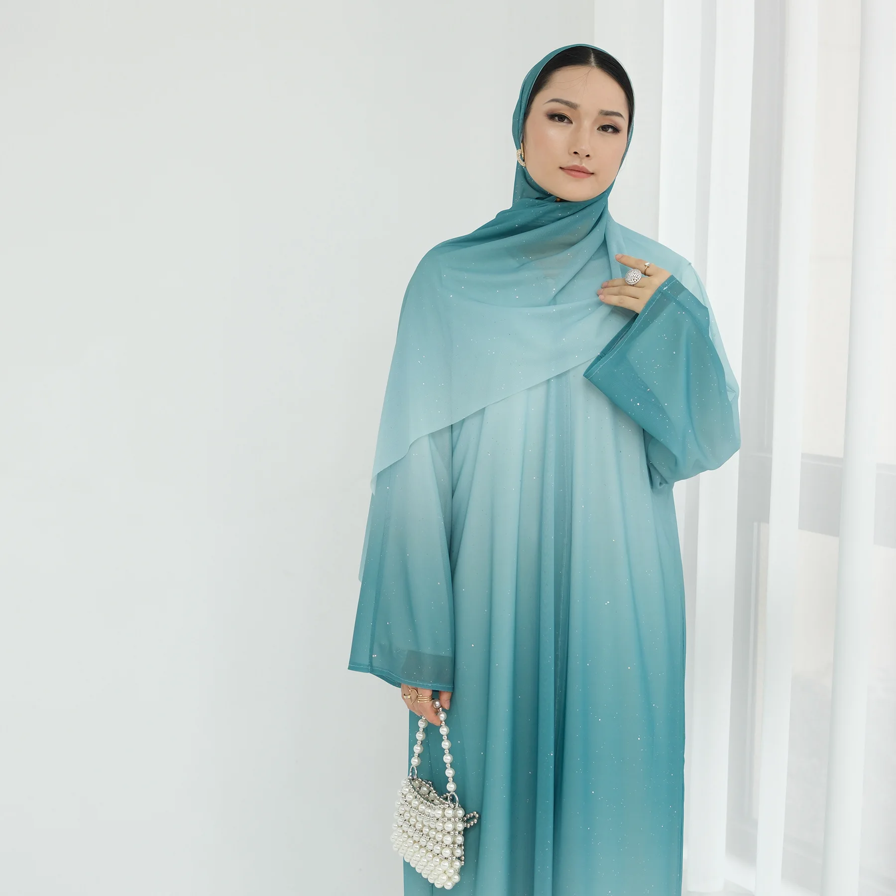 

2-Piece Set Gradient Muslim Women's Abaya with Hijab - Middle Eastern Turkish Open Front Robe Cardigan