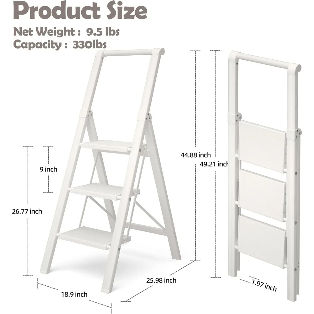 Apex 3-staps opvouwbare aluminium trapladder met handgreep, antislippedaal, capaciteit van 330 lbs, lichtgewicht en draagbaar voor thuis