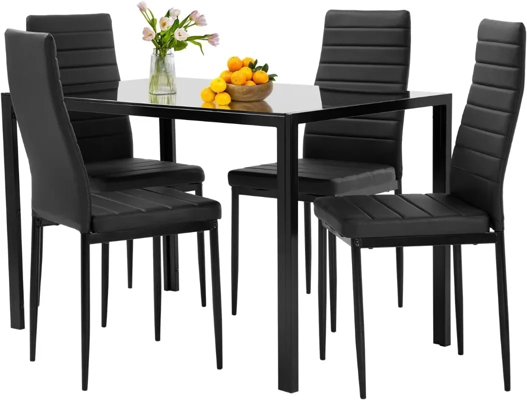 FDW Dining Table Set Glass Dining Room Table Set for Small Spaces Kitchen Table and Chairs for 4, Rectangular Modern,Black Glass