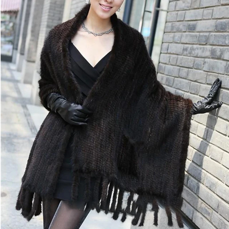 Real Mink Fur Shawl Scarf Women Fashion Fur Poncho Was Knitted With Mink Fur Black Scarves Scarf Long Soft Warm Fur Scarf Shawls