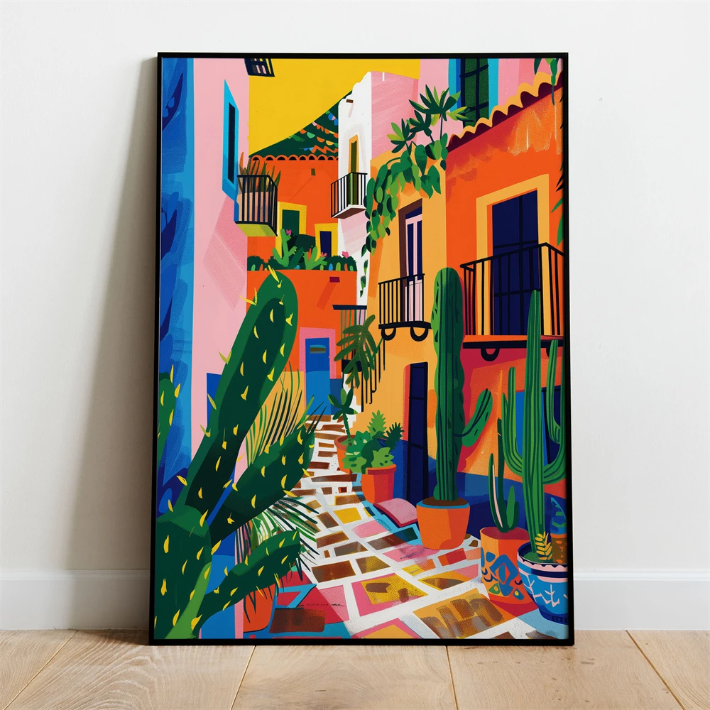 Impresión de arte callejero mexicano, póster de arquitectura colorida, pintura en lienzo de estilo bohemio, decoración para parejas