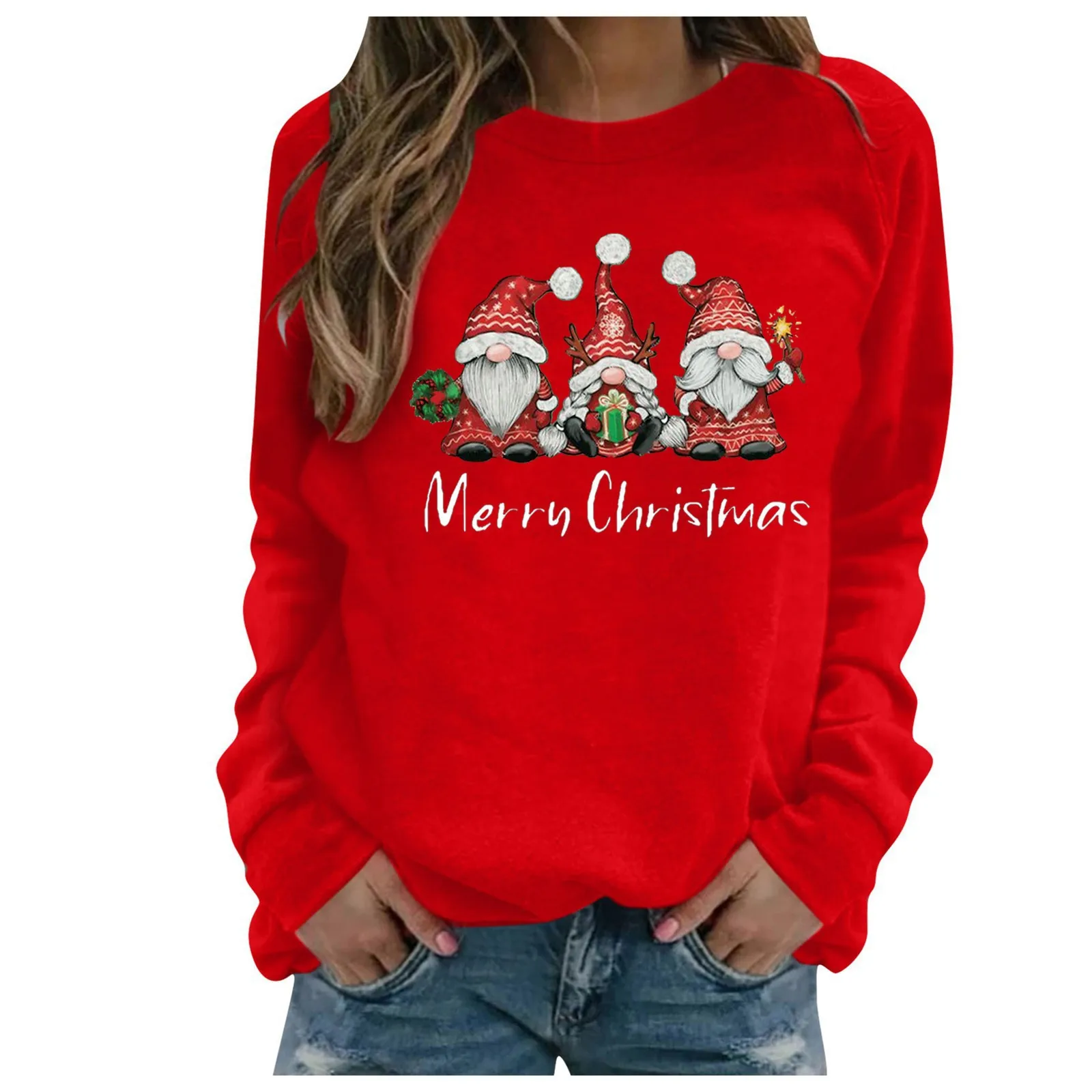 Kaus wanita motif seri natal Fashion Pullover wanita leher bulat lengan panjang kartun Sweatshirt atasan kasual Harajuku