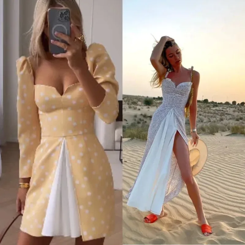 

Ins Color Blocked Fake 2Piece Dress Elegant Bodycon Bandeau Strapless Dress Women Summer Vacation Slit Dress Casual Resort Style