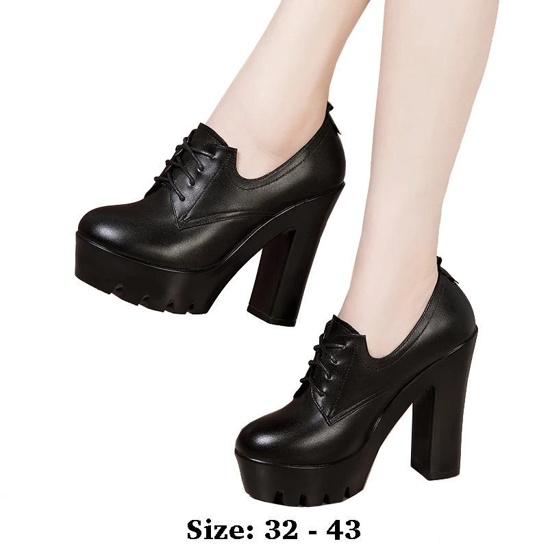 

high quality leather shoe for women 10cm 13cm high heel platform round toe 32 33 34 elegant office autumn winter shoe black red
