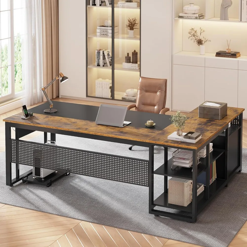 71 in Executive Desk with Power Outlets, Reversible L Shaped Desk with File Drawers & Storage Shelves, Large Office Desk Compute image 3