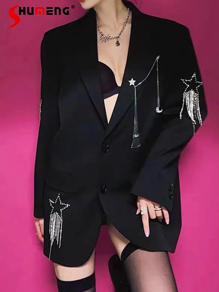 

Женские весенне-осенние новые блестящие уличные трендовые маленькие пиджаки 2024, женские свободные пиджаки с блестками и бисером, пятиконечная звезда, индивидуальное пальто