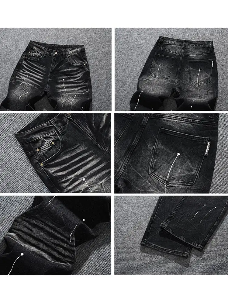 

Весенние американские тяжелые брендовые свободные прямые джинсы в горошек для мужчин, широкие черные брюки