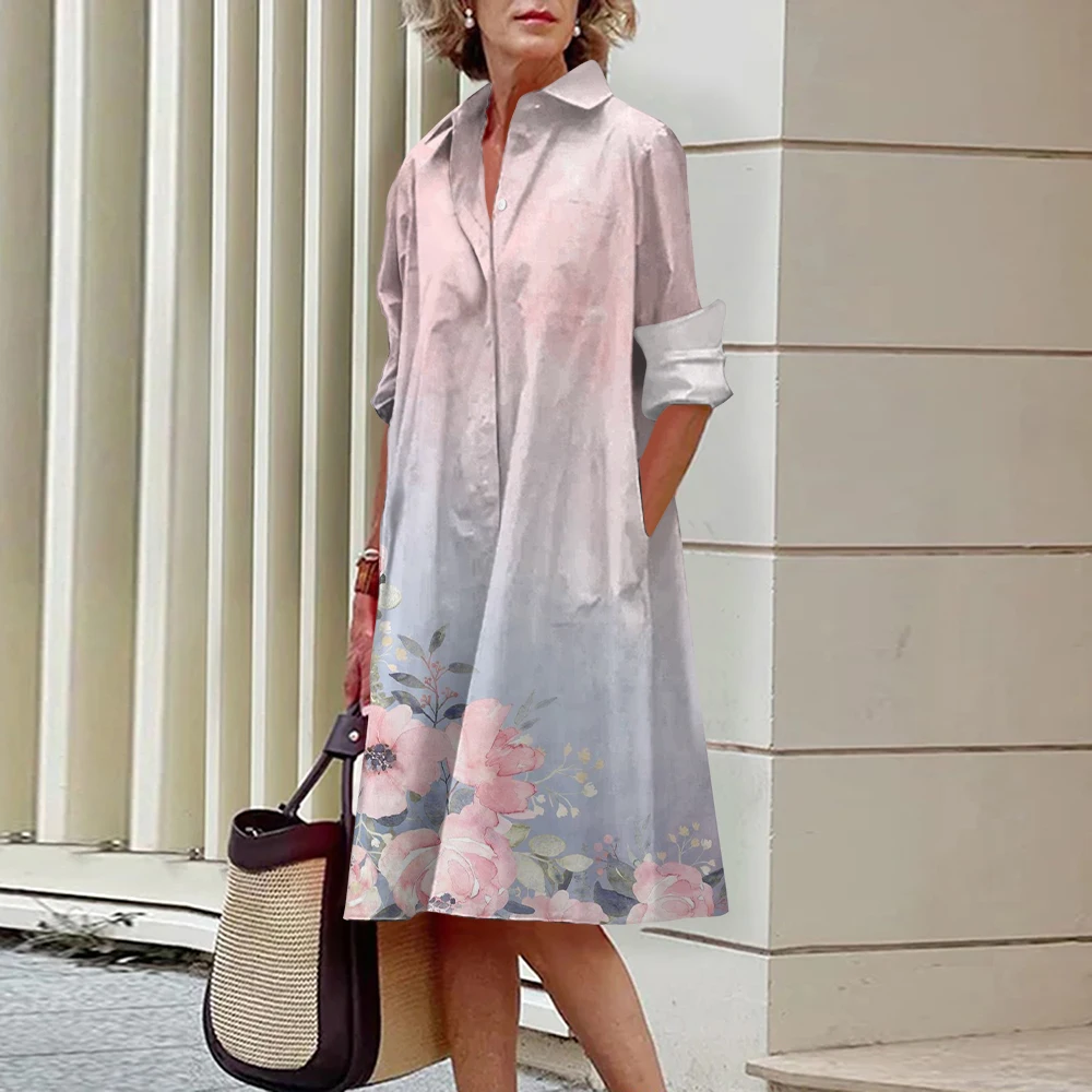 2024 Autumn Floral Print Button Shirt Dress For Women Turn-down Collar Single-breasted Long Dress Lady Long Sleeve Blouse Dress