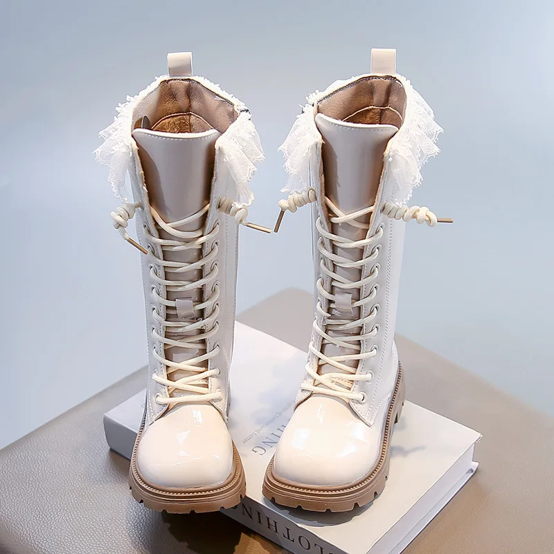 Girls Moccasins Round Toes Capped Soft Bottom Kids Leather Boots Versatile 2025 Autumn Winter Children High Boots Non-slip Sweet