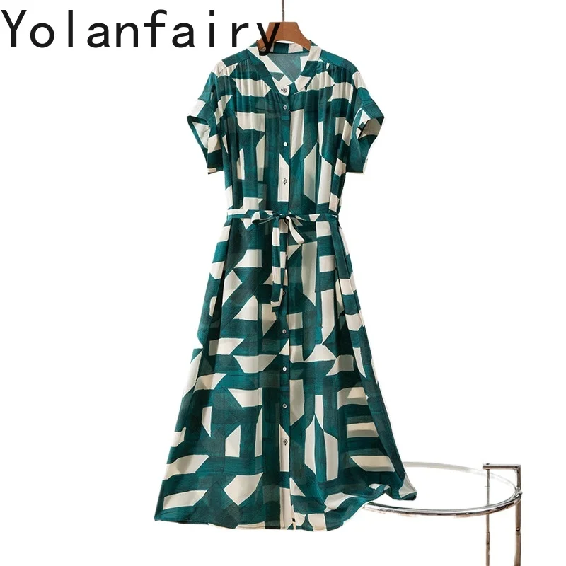 

YOLANFAIRY 100%Real Mulberry Silk Dresses Women Elegant Short Sleeve Woman Summer Dress Lace-up Ladies Dresses vestidos de mujer