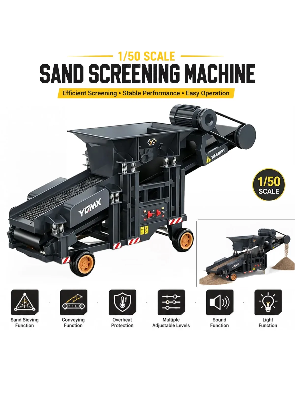 1/50 YG180 RC Sandsiebmaschine mit zwei Geschwindigkeiten ​ ​ Betrieb, Beleuchtung, Soundeffekte, Vibrationssystem, Simulation, RC-Spielzeugauto-Modell