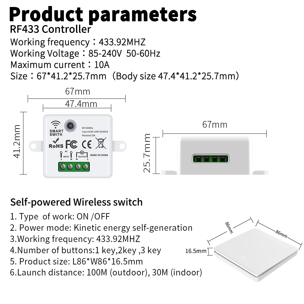 WGHINE Rebound Wireless Self-powered Switch RF 433Mhz Remote Control Wall Push Button Switch 220V 1/2/3 Gang Light Switch