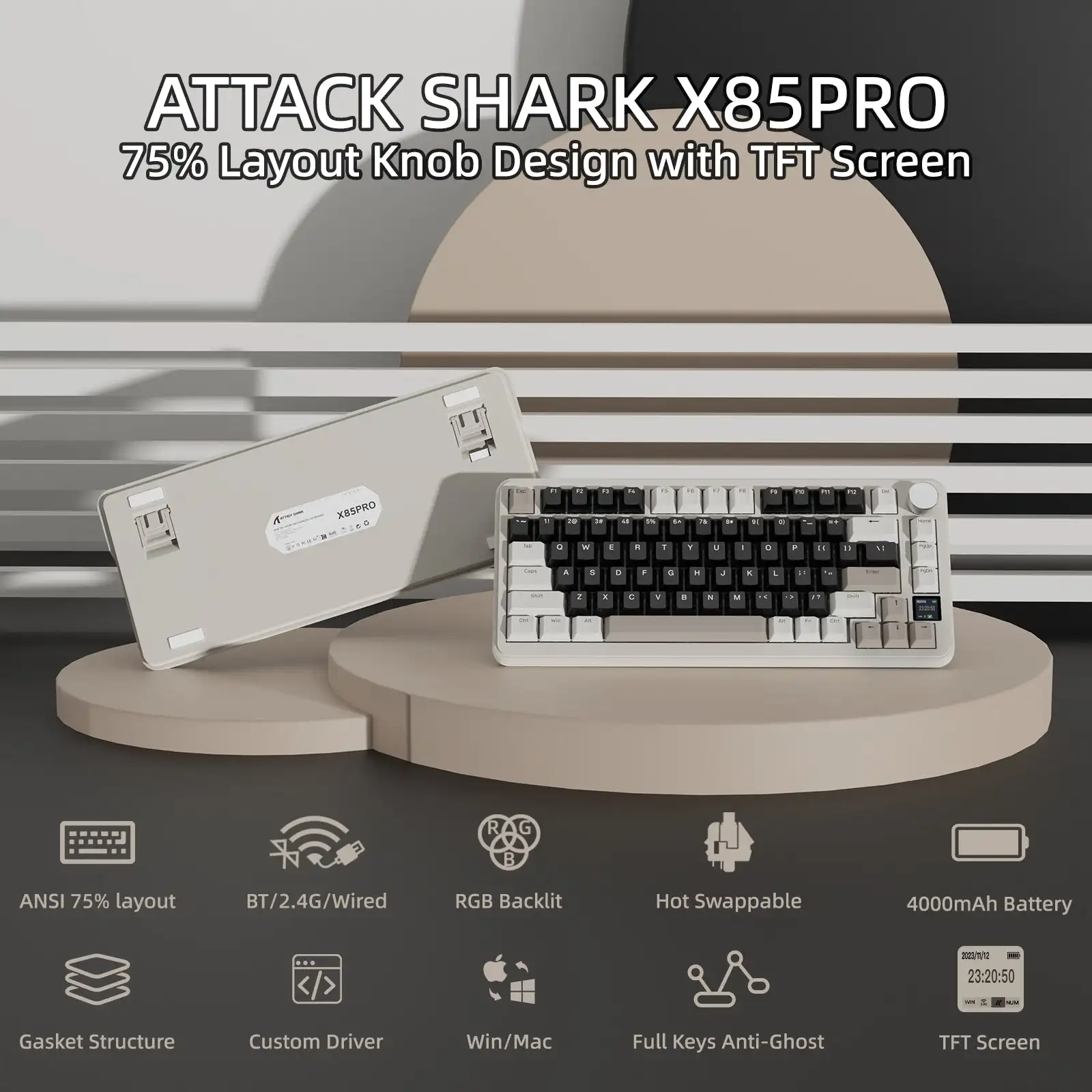 Attack SharkX85 PRO 75% Tri Mode Mechanical Keyboard Smart Color Screen 4000mAh Large Battery Gasket Mount Full Key HotSwap RGB