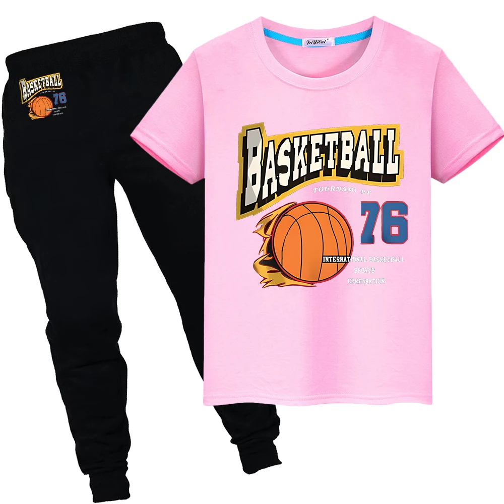 

Basketball Print 100%Cotton Cute T-shirts Sports Sets Tops+pant Summer Short Kawaii TShirts y2k Boy girls clothes child Day gift