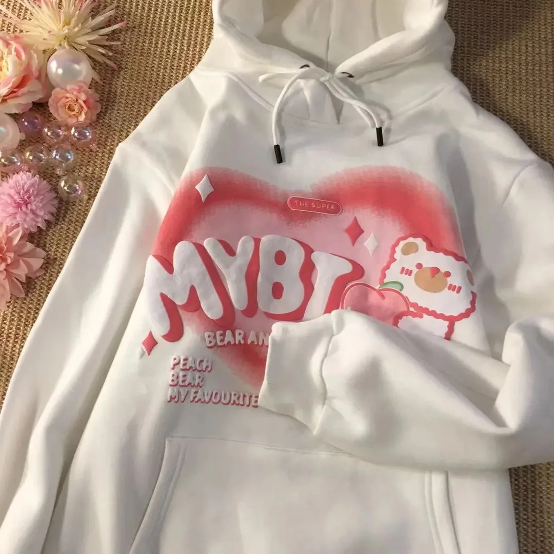 

Heart Bear Print Women Hoodies Sweatshirts Hooded With Pocket 2022 Autumn Cute Aesthetic Hoodie Thin Oversized Top Female Teen