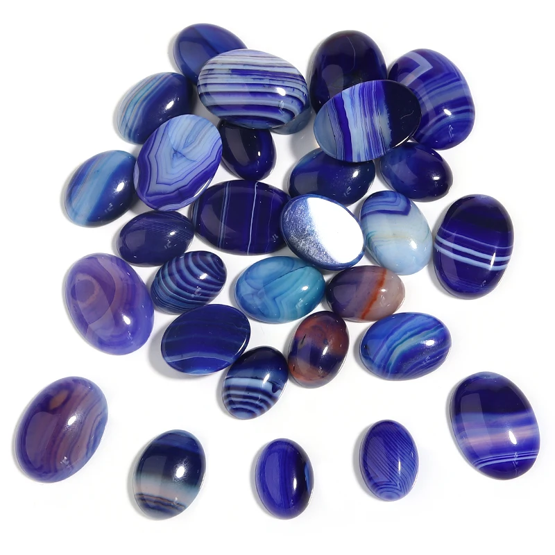 5Pcs/Lot Blue Stripe Agate Loose Beads Oval Shape Flat Base Cabochon For DIY Crafts Ornament Decoration Handmade Accessories