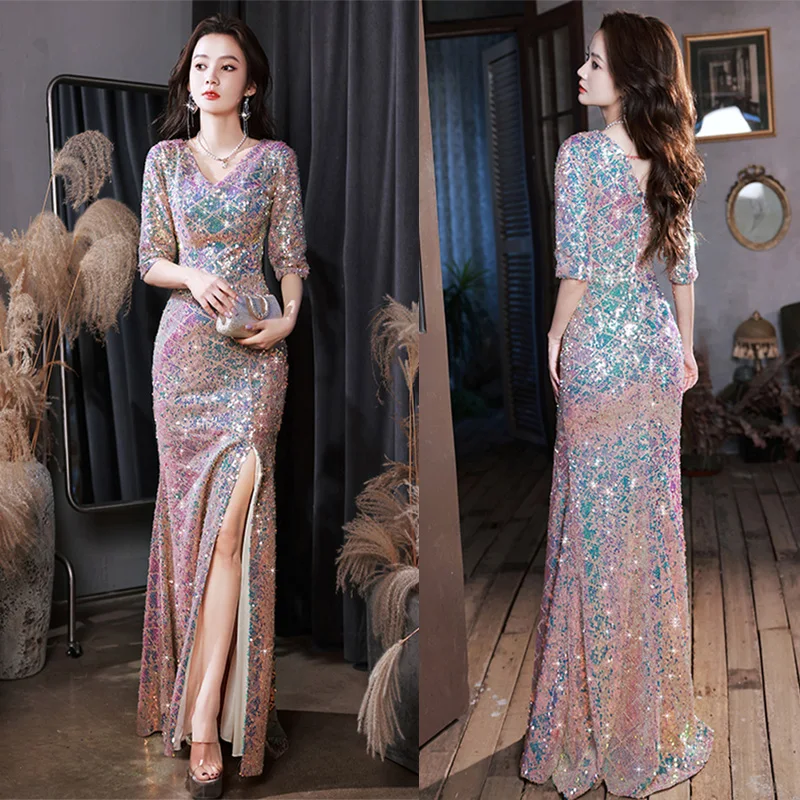 

It's Yiiya V-Neck Sequins Zipper Back Mermaid Half Sleeves Elegant Floor-Length Simple New Formal Dress Dress Woman Party A2871