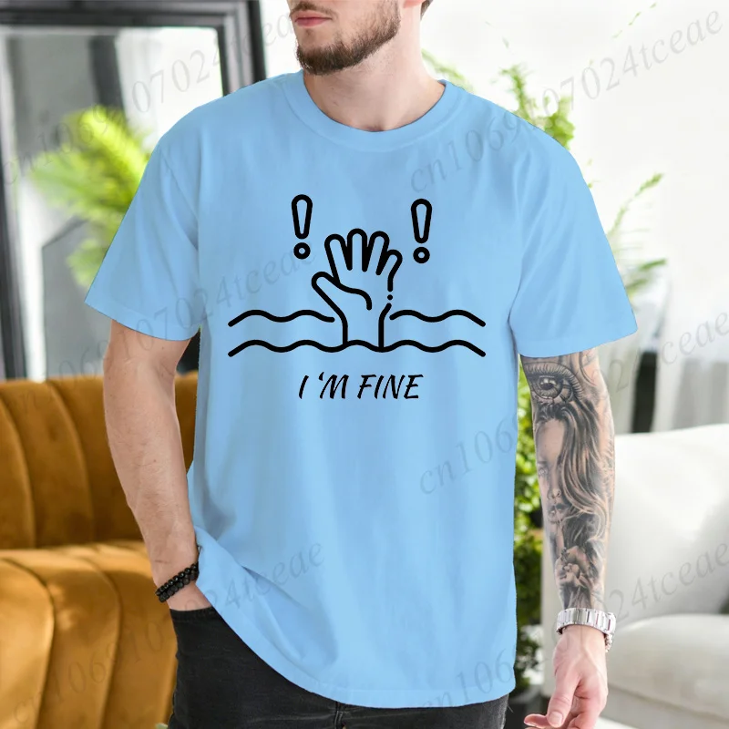 Men's Streetwear T-Shirt I'm Fine Funny Drowning Hand Graphic Tee Casual Short Sleeve Funny Graphic Tees Men Women Summer Tops