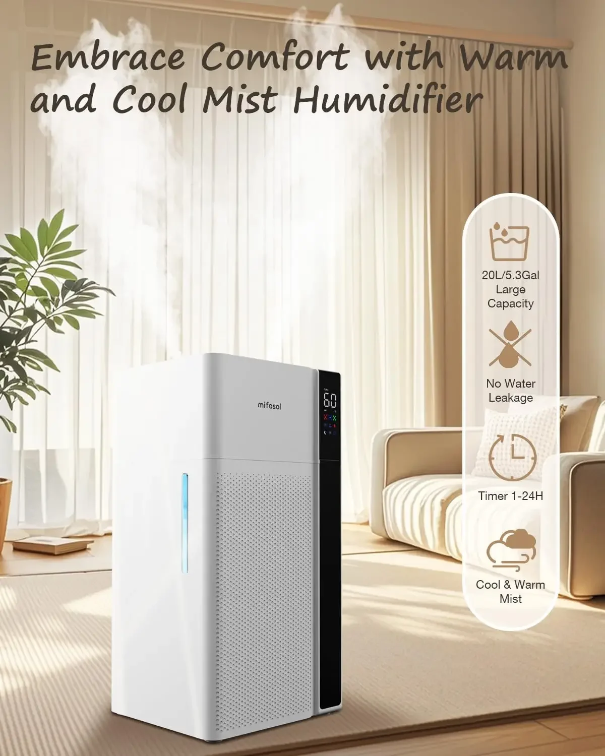 Cool Mist Humidifier Large Room, 5.3Gal/20L Whole House Humidifiers for Home, Quickly & Evenly Humidify Larger Areas, Top Fill,