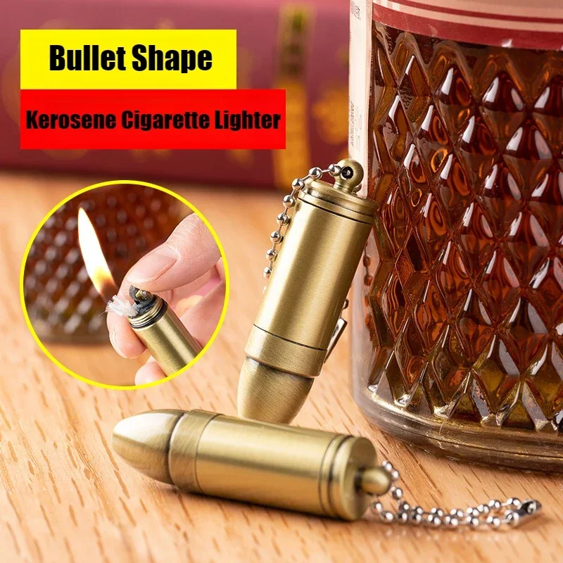 Retro Portable Mini Round Bullet Coal Oil Lighter Pendant Grinding Wheel Open Flame Creative Cool Lighter Holiday Gift