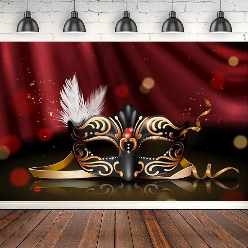 Black Mask Birthday Party Photography Backdrop White Feather Red Masquerade Banner Background Poster Photo Studio Shoots