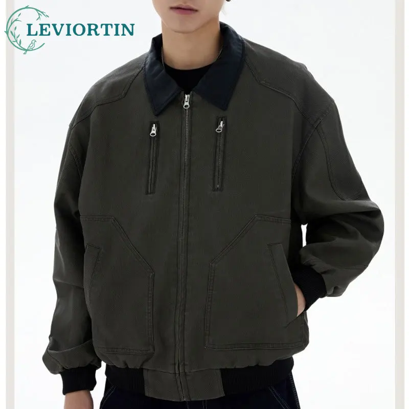 

Men's retro multi pocket contrasting color design versatile, loose and durable, windproof workwear imitation suede jacket