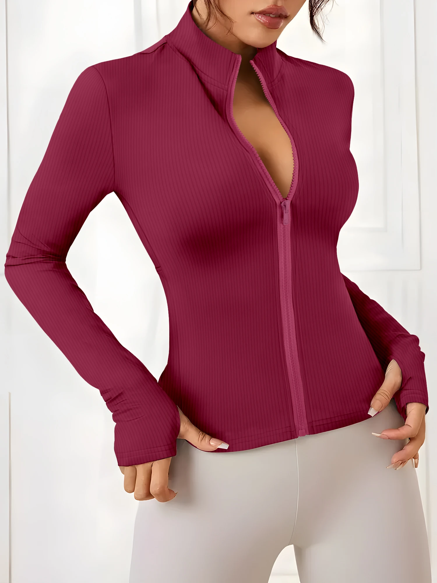 Vintage Streetwear Women Rib Knit Full Zipper Crop Jacket Stand Collar Long Sleeve Bodycon Casual Outer Coat