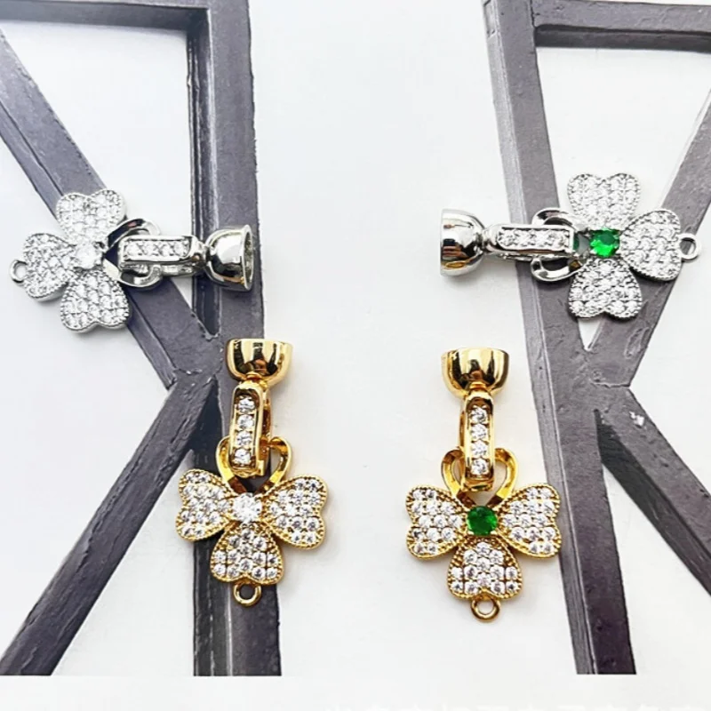 

1 Copper Inlaid Green Zirconium DIY Jewelry Pearl Chain Buckle Four-petal Flower Necklace Finishing Connection Buckle Accessorie