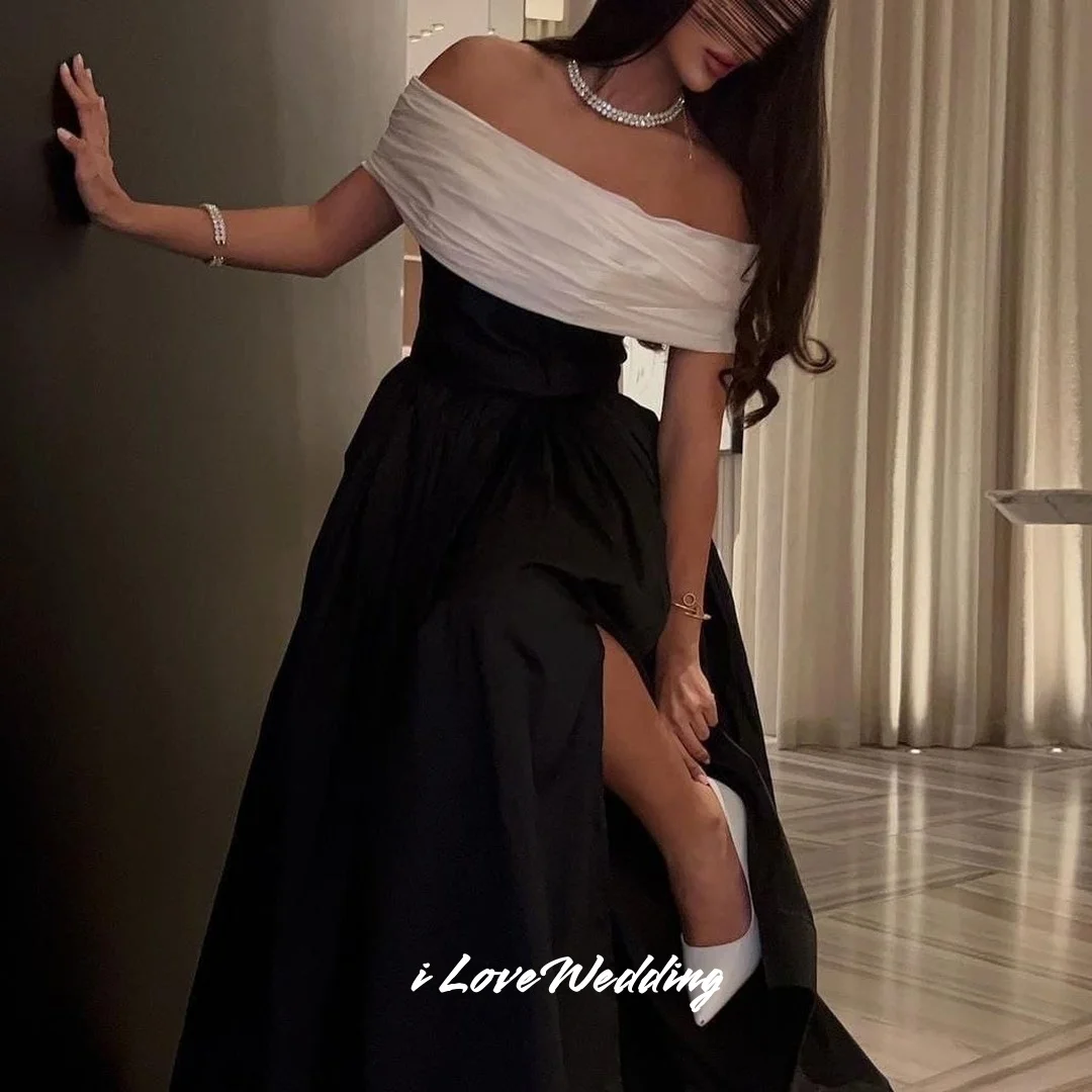 

Black Strapless Evening Dresses 2025 Satin Off Shoulder Pleated A-Line Floor-Length Side Split Wedding Party Dresses Customized