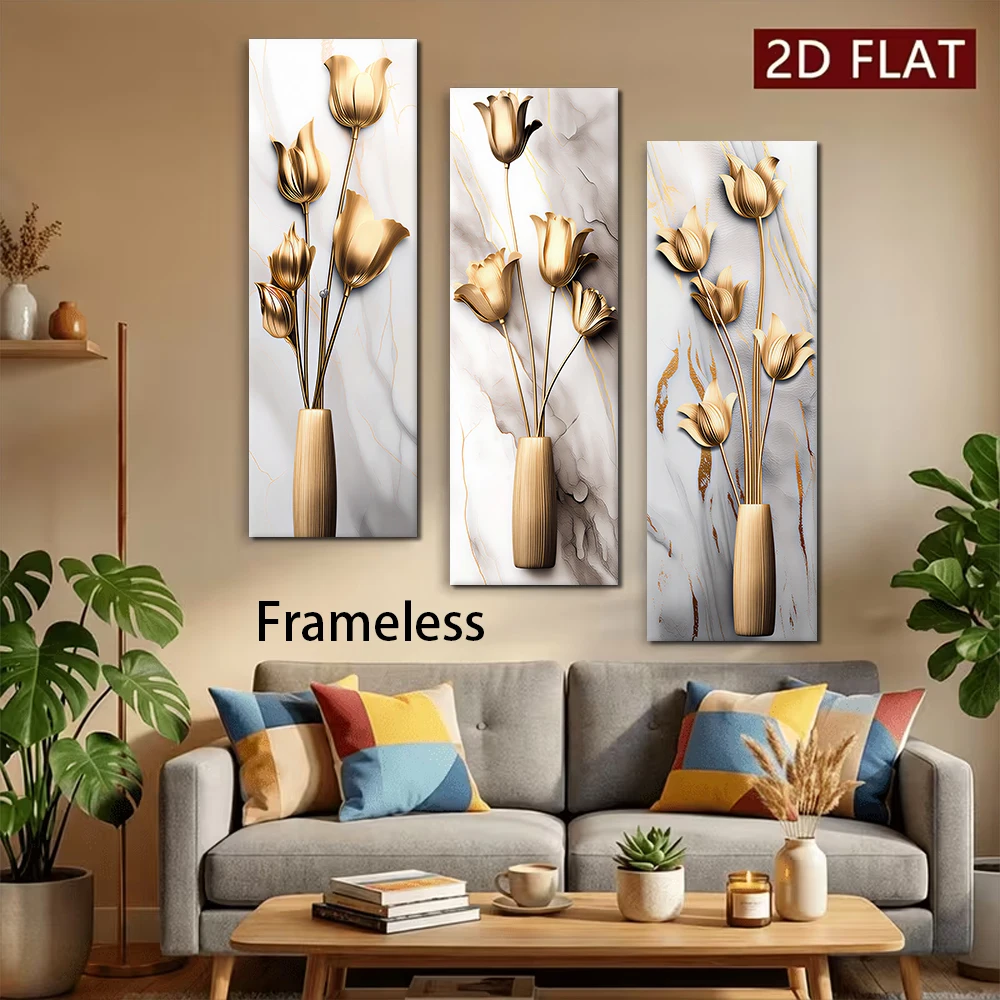 1 set of modern minimalist gold tulip triple frameless wall stickers, self-adhesive waterproof art stickers, Nordic light luxury