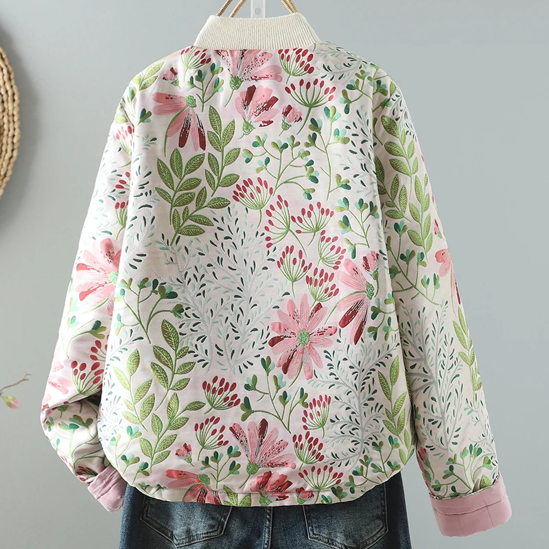 Thiened Cotton Jaet Cappotto lungo da donna stampato Sle retrò con colletto alla coreana Chiusura con cerniera Capispalla vintage caldo