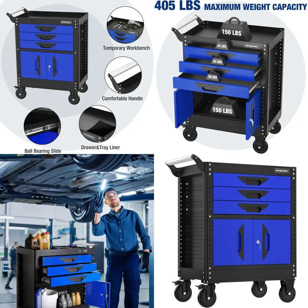 

Портативный стальной комод для инструментов с 3 ящиками и колесами, запираемый, идеально подходит для мастерской или гаража, синий и черный