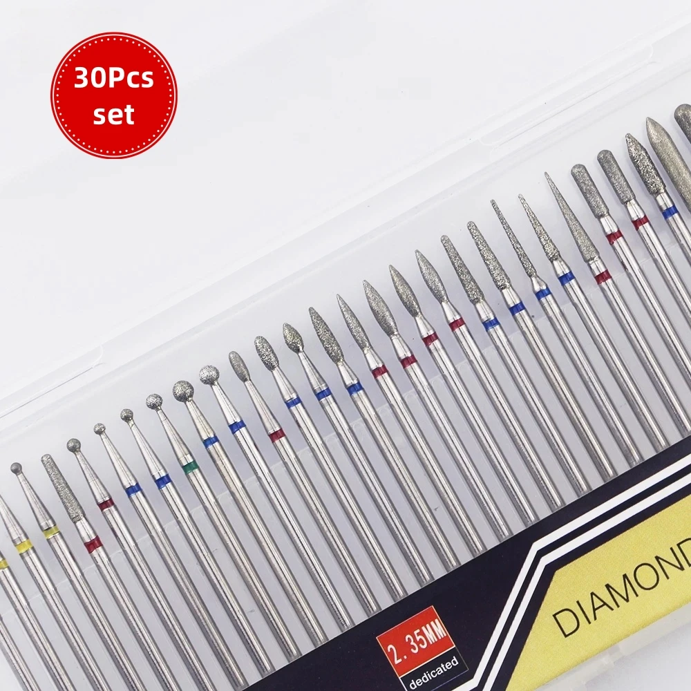 

30Pcs/box Diamond Nail Drill Bit Set Russian Style Nail Prep Stainless Steel Cuticle Pusher Removel Back Edge Nail Manicure Tool