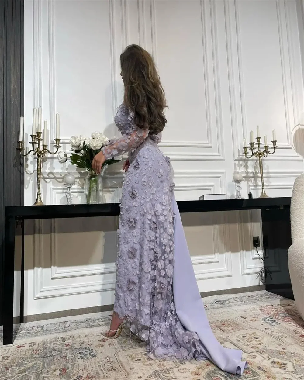 Amanda Lavender Chiffon Party Dresses FLowers Appliques vestidos de fiesta Elegant Long Sleeves Mermaid Strapless فساتين سهرة