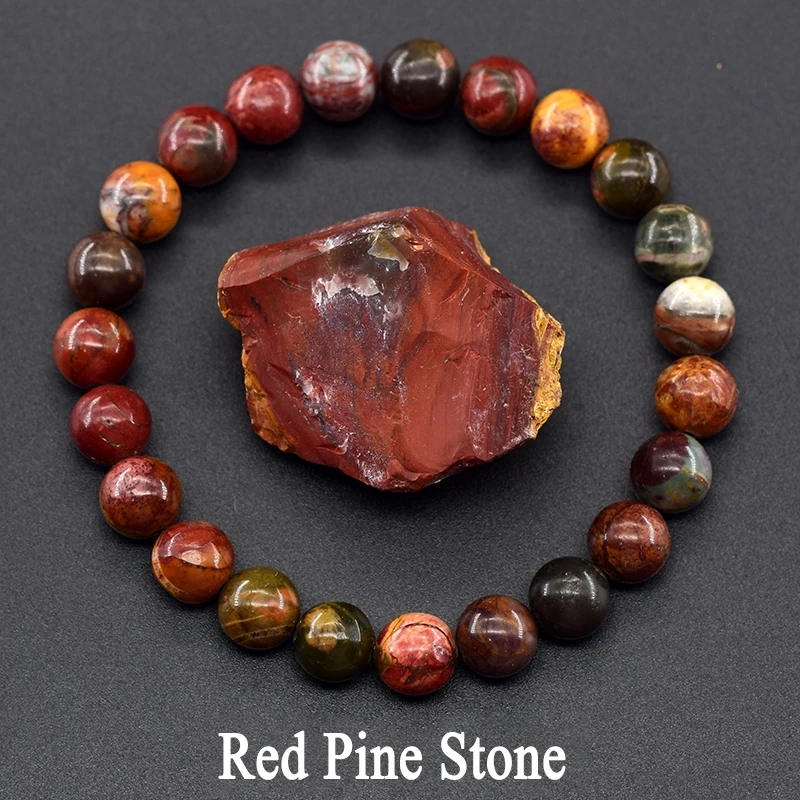 Natural Red Picasso Jasper Stone Beads Elastic Bracelet Men Women Round Red Pine Beads Jewelry Healing Crystal Jade Bangle Gift