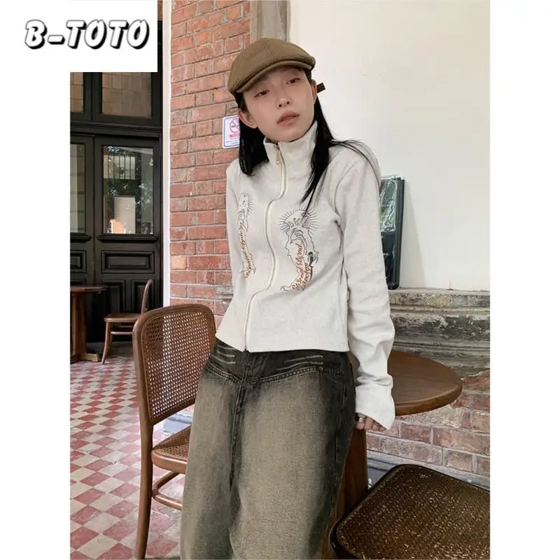 

B-TOTO Jacket White Printed Knit Women 2024 Casual Spring Autumn Long Sleeve Top Women Korean Version