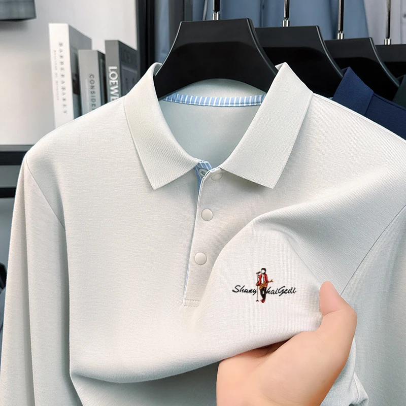 

Luxury Man Long Sleeves Polo Shirt Autumn New British Style Embroidery Lapel Long Sleeved Pullover Business Leisure Men's Wear