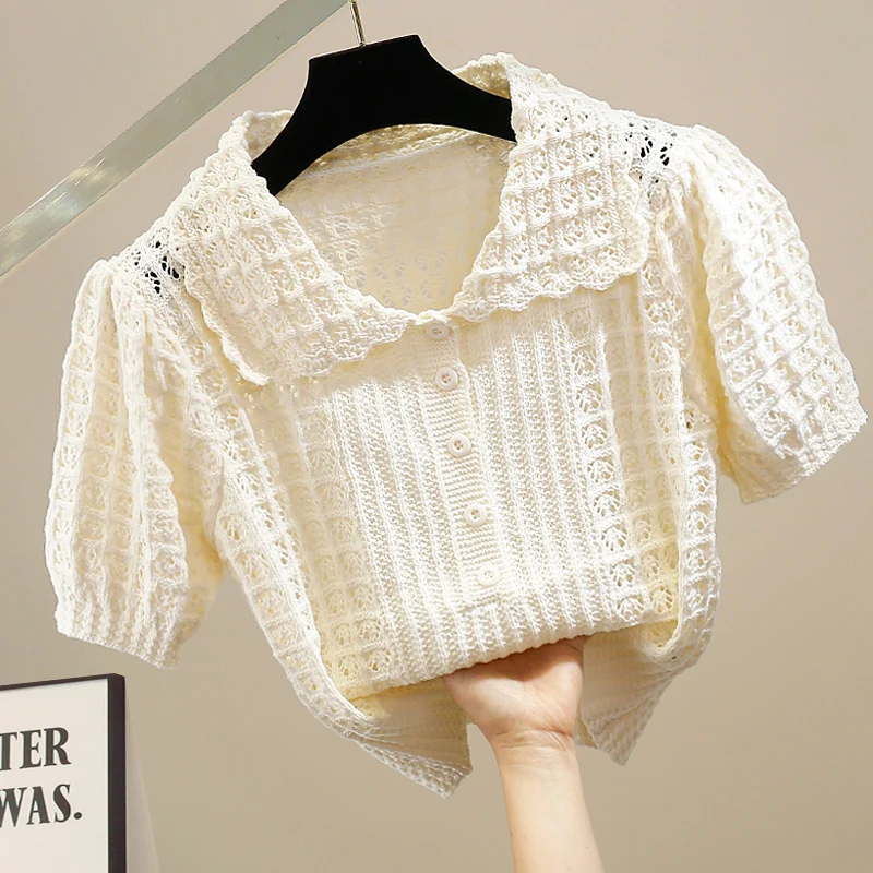 

Модный укороченный свитер с ажурной вязкой, тонкий, в корейском стиле, для повседневной носки, из смесового хлопка, укороченный топ