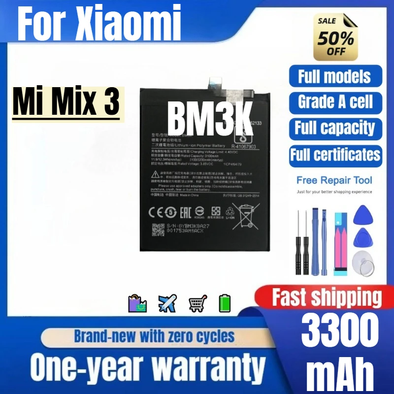 BM3K for Xiaomi Mi Mix 3 Phone Battery 0 Cycle High Quality High Capacity Battery Replacement Bateria Grade A Cell with Tools