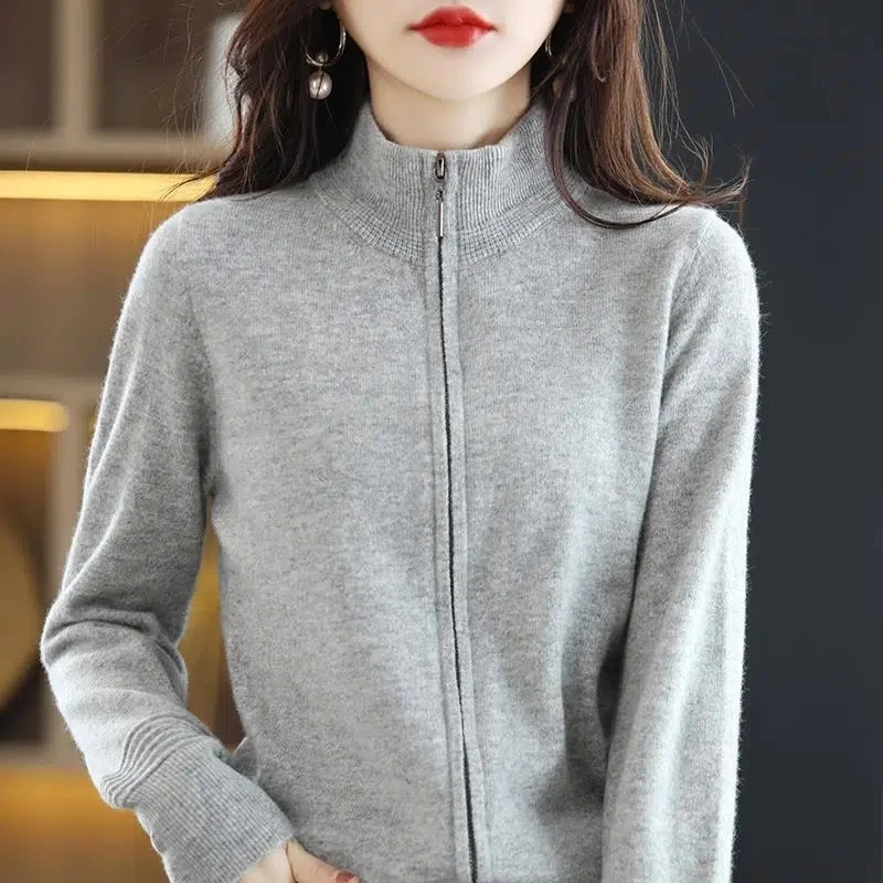 2023 Autumn Winter New Knitted Sweater Women Cardigans Thick Slim Stand Collar Zipper Cardigan Jacket Female Casual Knitwear Top