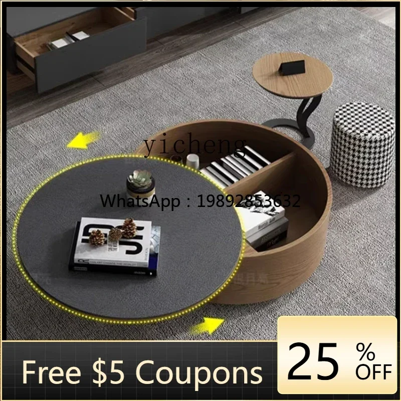 

AA round rotating rock slab coffee table combination living room household fire stone glass storage