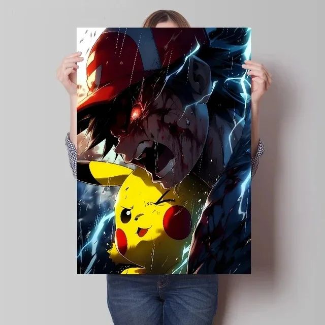 Pokemon Anime Figures Fight, Xiaozhi Anger Pikachu Painting Canvas Posters and Prints Wall Art Picture for Living Room Decorate