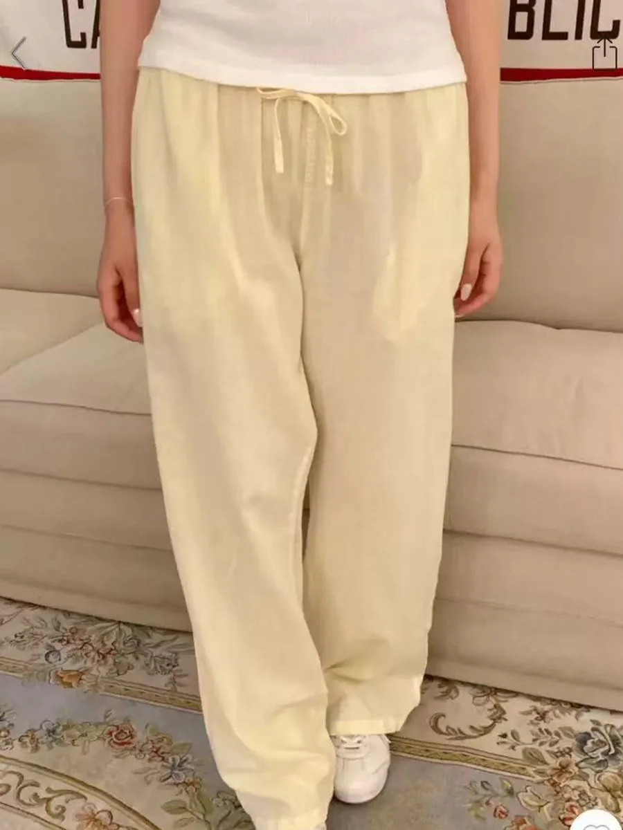 Novo amarelo cordão calças casuais mulheres verão cintura elástica fina streetwear moda estilo preppy doce perna larga calças y2k